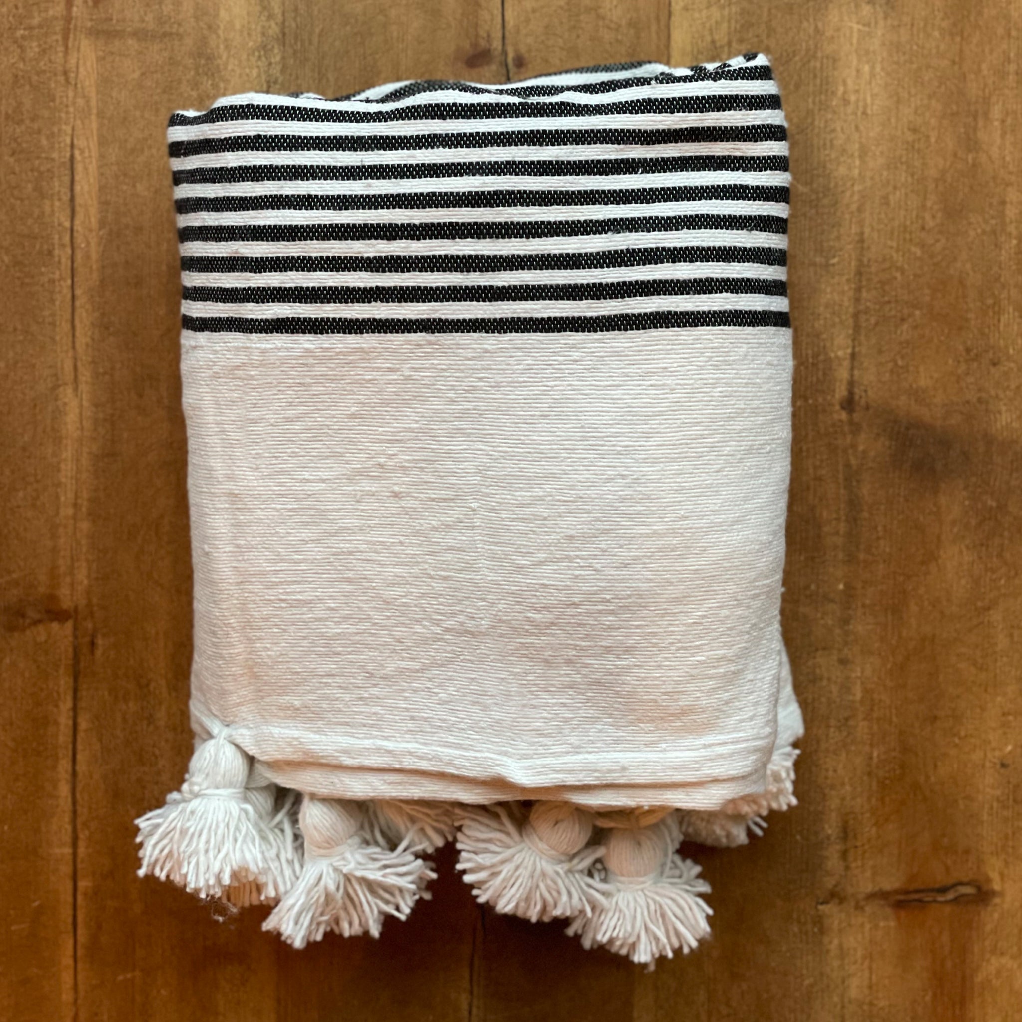 Early People Handmade Cotton Pom Pom Blanket | 260cm x 240cm | Ivory & Black Stripe
